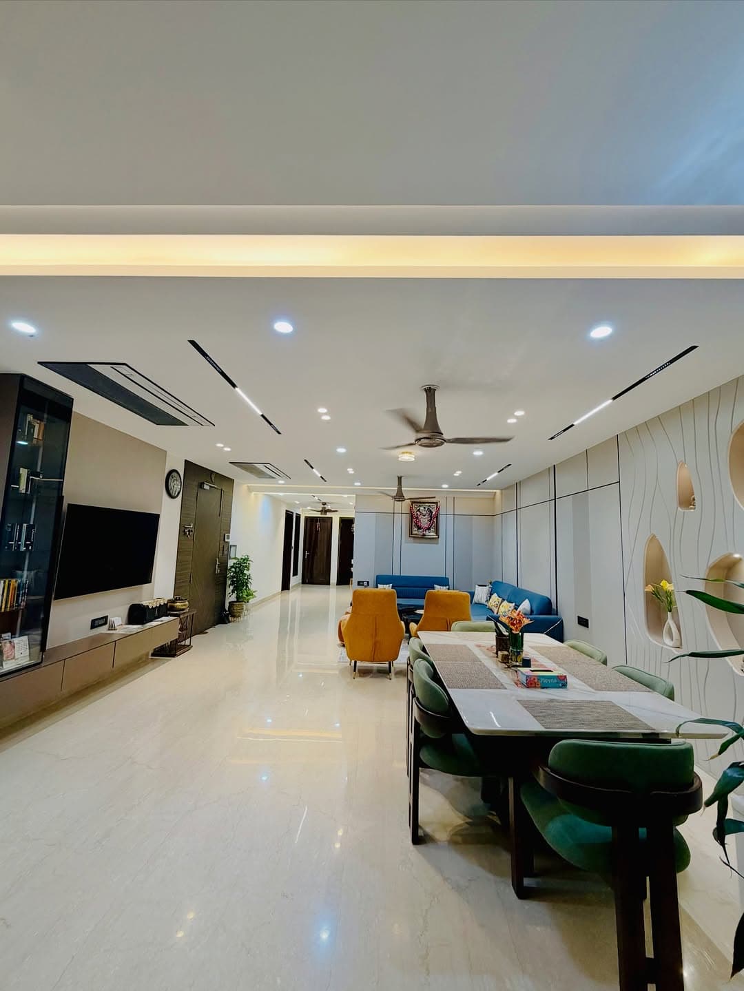 Cafe interior, seating and lighting