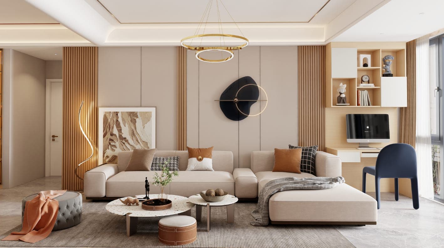 Living room interior with warm lighting